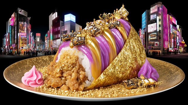 Exquisite sushi creation with vibrant colors and luxurious toppings in an urban night setting