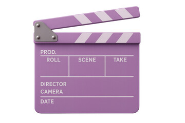Fototapeta premium Purple movie clapperboard ready for action, isolated on transparent background, perfect for film and video projects