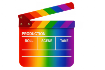 Rainbow-colored clapperboard on transparent background, symbolizing lgbtq+ cinema and filmmaking inclusivity