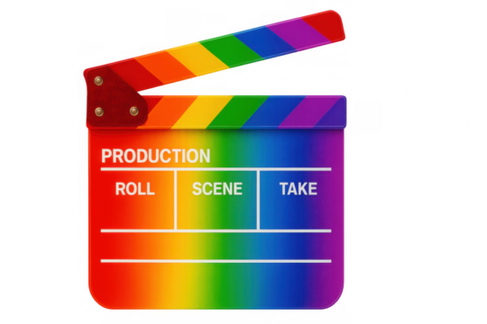 Rainbow-colored clapperboard on transparent background, symbolizing lgbtq+ cinema and filmmaking inclusivity