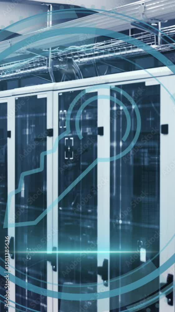 Poster animation of key icon and data processing over computer servers