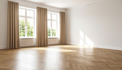 Obraz premium Empty Modern Living Room With Beige Curtains And Sunlight