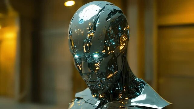 Futuristic humanoid robot head, metallic texture and intricate details.
