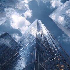 Modern Glass Skyscrapers Reflecting Blue Sky and Clouds in Urban City