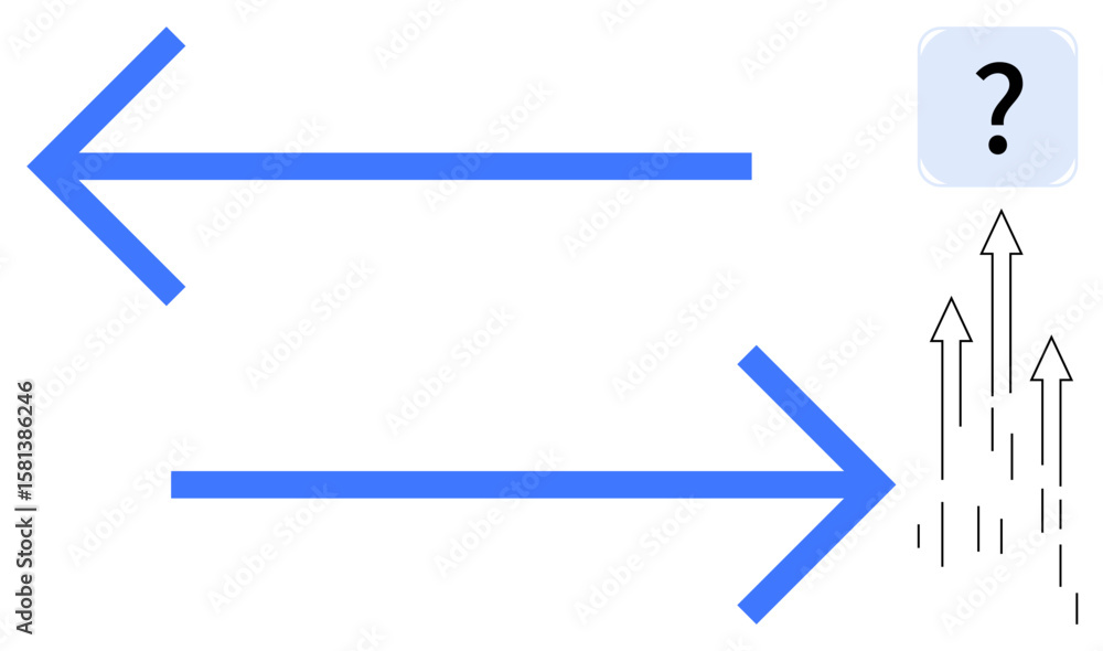 Poster two horizontal blue arrows pointing in opposite directions with a question mark and rising arrows. i