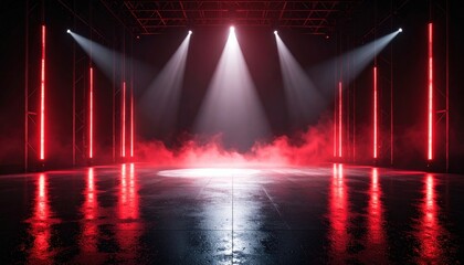 Red Neon Stage Lighting In Empty Industrial Studio