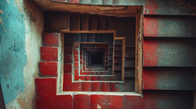 Abstract square staircase disappearing into darkness, repetitive symmetrical design