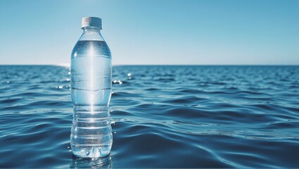 A bottle of freshwater before the vast saltwater ocean, costly drinking water - ai generated