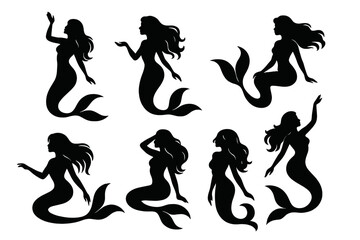 Fototapeta premium Set of beautiful mermaid silhouettes. Collection of fantasy sea creatures. Mythical woman with fish tail icon or logo. Elegant girl swimming. Fairytale character vector.