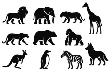 Obraz premium Animal silhouette set. Wild animal logo collection isolated on white background. Lion, elephant, tiger, giraffe, cheetah, bear, gorilla, zebra, kangaroo, penguin and wolf icons.