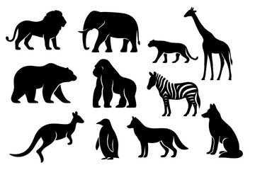 Animal silhouette collection. Set of wild animals logo or icon. Vector illustration of lion, elephant, panther, giraffe, cheetah, bear, gorilla, zebra, kangaroo, penguin, wolf.