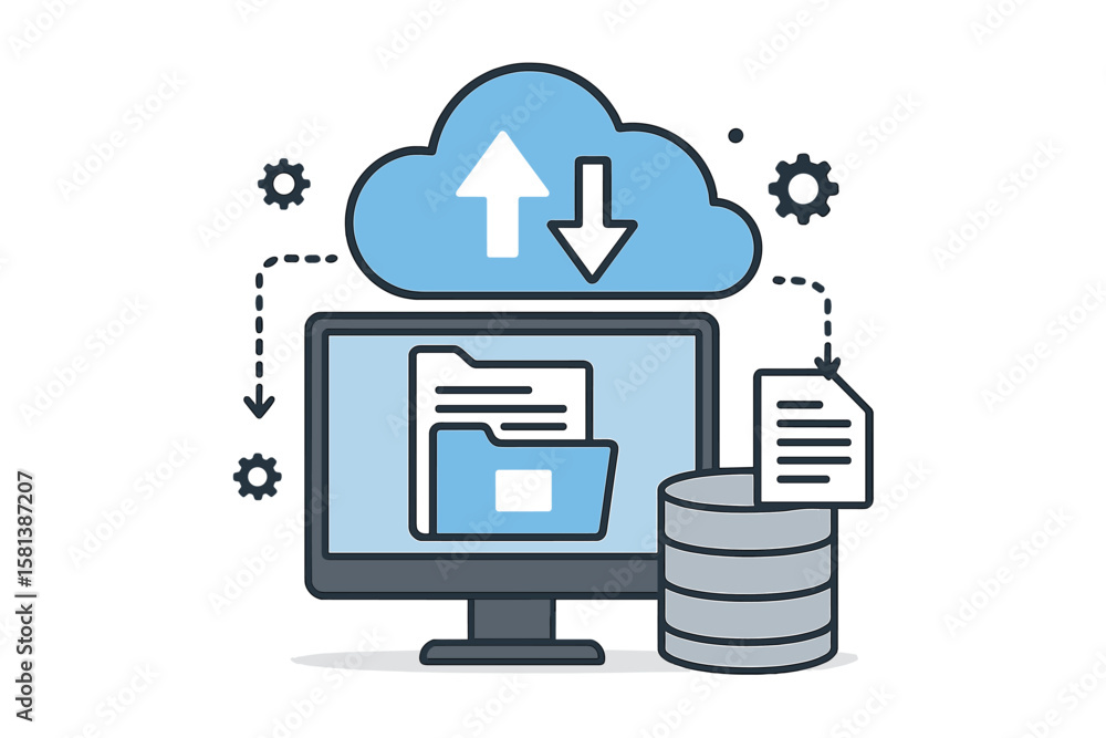 Fototapete Cloud computing web hosting service concept. Database for documents and files on computer. Cloud storage for upload and download data. Backup and recovery digital service idea.