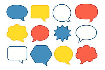 Colorful Speech Bubbles Vector Set – Blue, Yellow, Red, White, Assorted Shapes, Communication, Dialogue, Chat, Conversation, Blank Comic Balloons, Graphic Design Elements