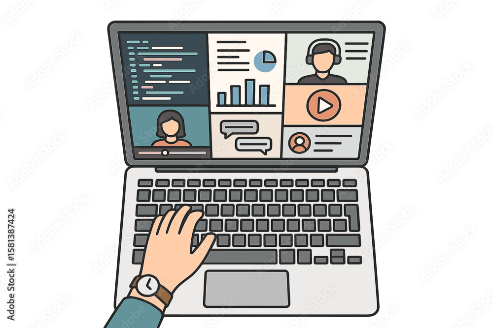 Poster hands typing on laptop keyboard, computer work, coding, writing code, financial report planning, onl