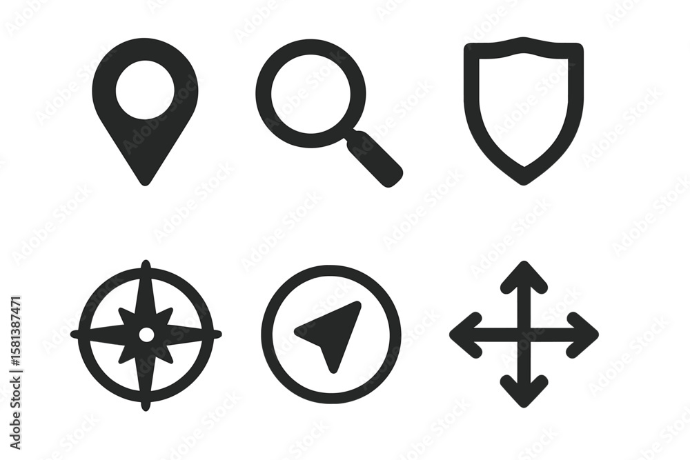 Aufkleber modern navigation and location icons set. map pin, magnifying glass, shield, compass, directional ar