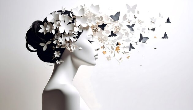 A woman adorned with paper flowers and butterflies