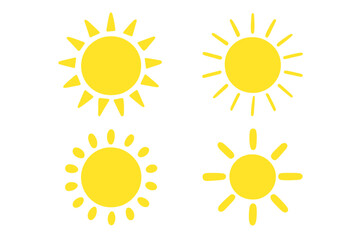 Set of 4 Yellow Sun Icons, Sun Rays and Bursts, Summer Symbols, Sunlight and Sky Silhouettes, Nature Inspired Vector Collection for Logos and Weather Icons