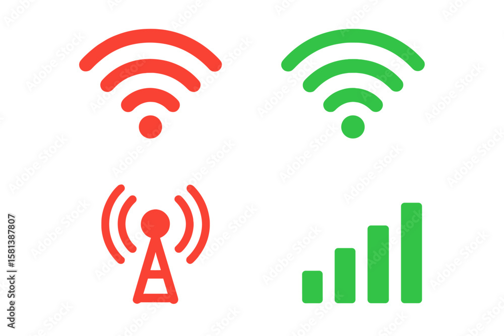 Aufkleber wireless communication signal icons set – red and green wifi, cellular, and antenna symbols for digi