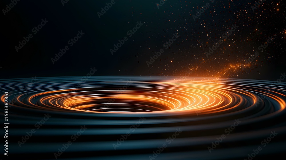Poster the image shows a dark, swirling vortex of concentric circles with a bright orange light emanating f