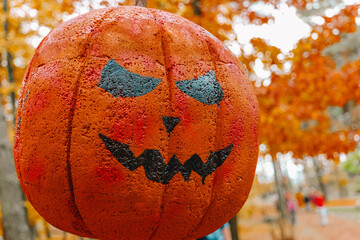 Pumpkin heads portrait on autumn forest background. Pumpkin Horror Monster. Halloween holiday symbol