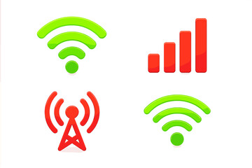 Wireless Communication Signal Icons Set, Vibrant Red and Green Digital Connectivity Symbols, WiFi and Network Strength Indicators, Modern 3D Vector Illustration, Isolated Transparent Background