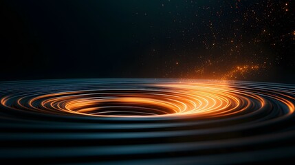 The image shows a dark, swirling vortex of concentric circles with a bright orange light emanating from its center.  Orange sparks appear to be falling into the vortex against a dark background.