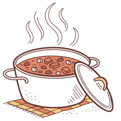 A pot of hot stew steaming with delicious aroma and flavor vector