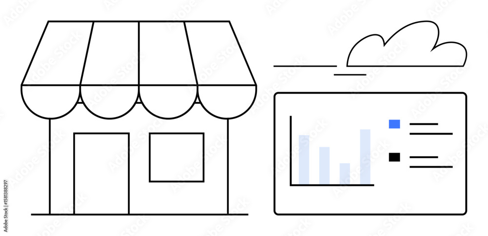 Poster retail shop with awning next to analytics dashboard with bar chart and data points, complemented by 