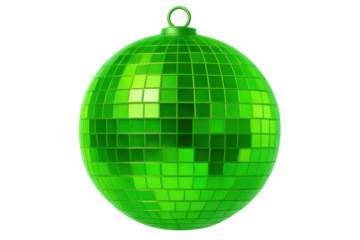 Shiny green disco ball with a grid pattern, isolated on a transparent background, perfect for party and dance-themed designs