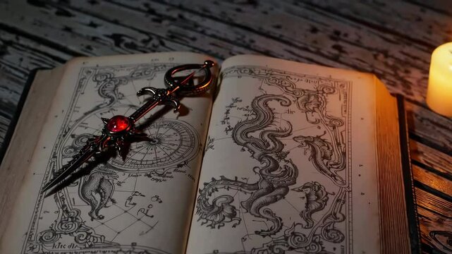 Mysterious ancient book with enchanted dagger illuminated by candlelight
