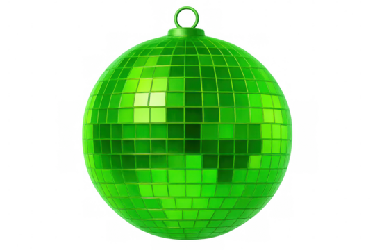 Shiny green disco ball with a grid pattern, isolated on a transparent background, perfect for party and dance-themed designs