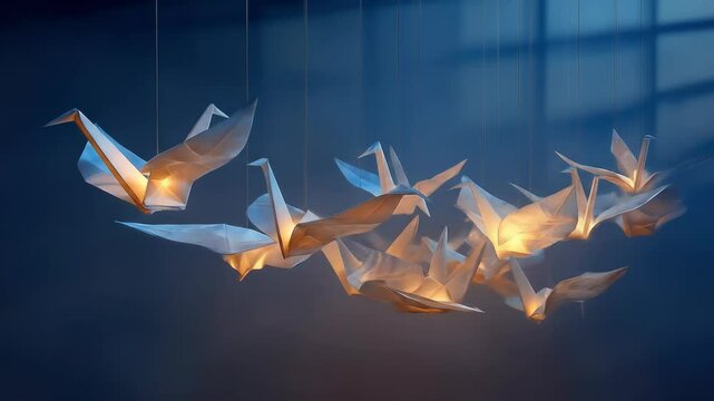 Paper origami crane birds hanging, abstract art installation concept