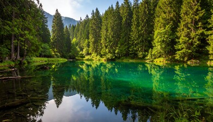 Serene alpine lake reflecting forest