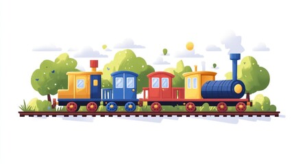 Colorful toy train set against a backdrop of lush greenery and a bright sky.