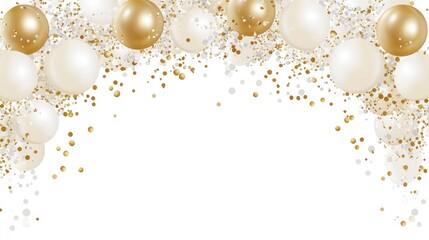 Elegant gold and white balloons and confetti arch, perfect for celebrations.