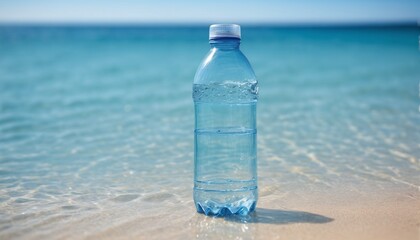 A bottle of freshwater before the vast saltwater ocean, costly drinking water - ai generated