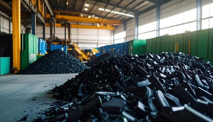 Industrial recycling facility. Piles of dark recycled material