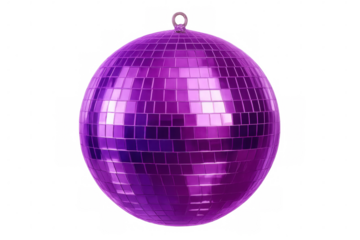Purple disco ball hanging and reflecting light with transparent background, perfect for party and celebration visuals