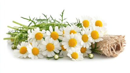 A close-up shot of a bouquet of fresh white daisies with yellow centers.