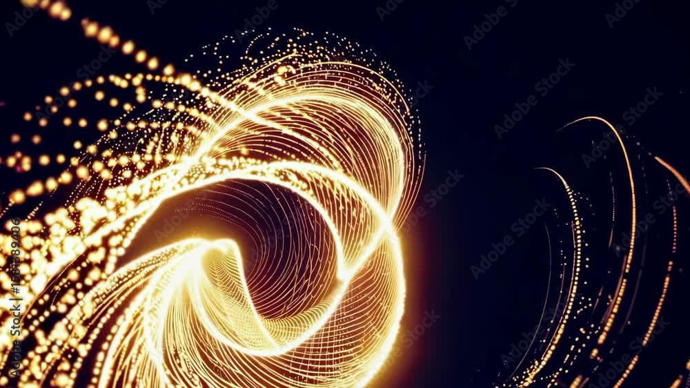 Poster dynamic golden light swirls: abstract motion and glowing trails in dark space