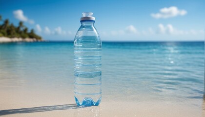 A bottle of freshwater before the vast saltwater ocean, costly drinking water - ai generated