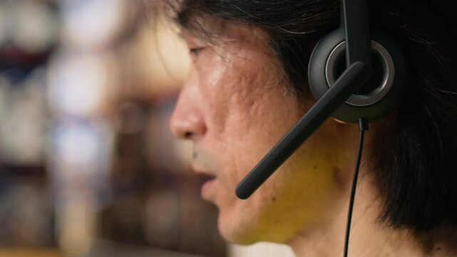 Close up of man in hi vis vest answers a customer service call in a warehouse logistics center, assisting with tracking shipments, fixing a wrong address issue and updating status. Camera B.