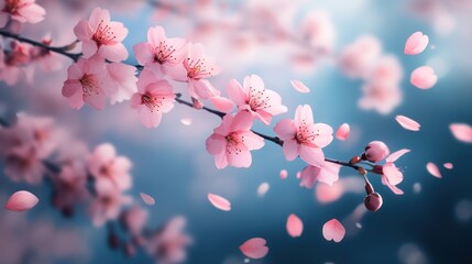 Delicate cherry blossom branch with pink flowers and falling petals against a soft blue background.