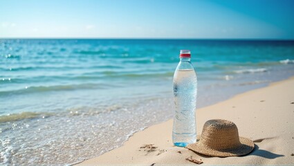 A bottle of freshwater before the vast saltwater ocean, costly drinking water - ai generated