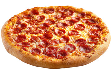 A perfectly round pepperoni pizza with a thin crust, generously topped with melted cheese and numerous round pepperoni slices, is presented against a black background