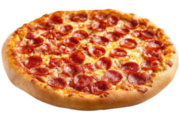 A perfectly round pepperoni pizza with a thin crust, generously topped with melted cheese and numerous round pepperoni slices, is presented against a black background