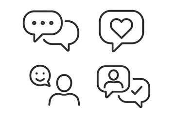 Emotional dialogue line icon set. AI conversation, empathy, therapy, and support chat pictograms. Vector illustration for feedback, user identity, understanding, and like.