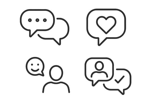 Emotional dialogue line icon set. AI conversation, empathy, therapy, and support chat pictograms. Vector illustration for feedback, user identity, understanding, and like.