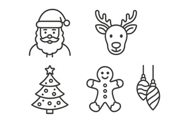 Naklejka premium Christmas line icon set: Santa Claus, reindeer, tree, gingerbread man, baubles. Vector pictograms for winter holidays. Thin linear outline symbols for festive design.