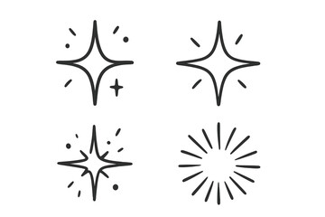 Hand drawn doodle sparkle stars icon set. Line art vector illustration of shining, glowing light, burst, and sunburst elements. Minimalist decorative symbols for design.